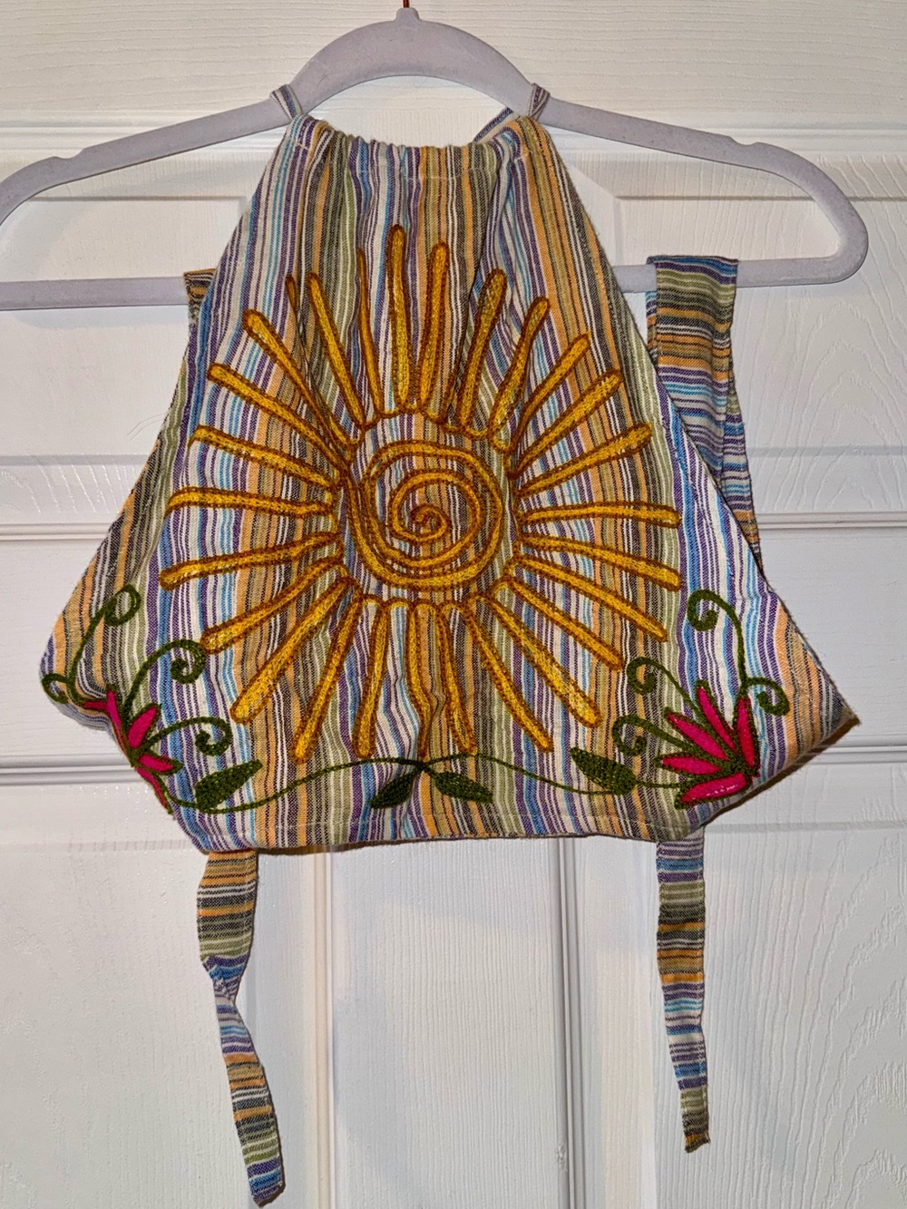 Striped Crop Halter Top with Sun Embroidery - Yellow/Multicolor
